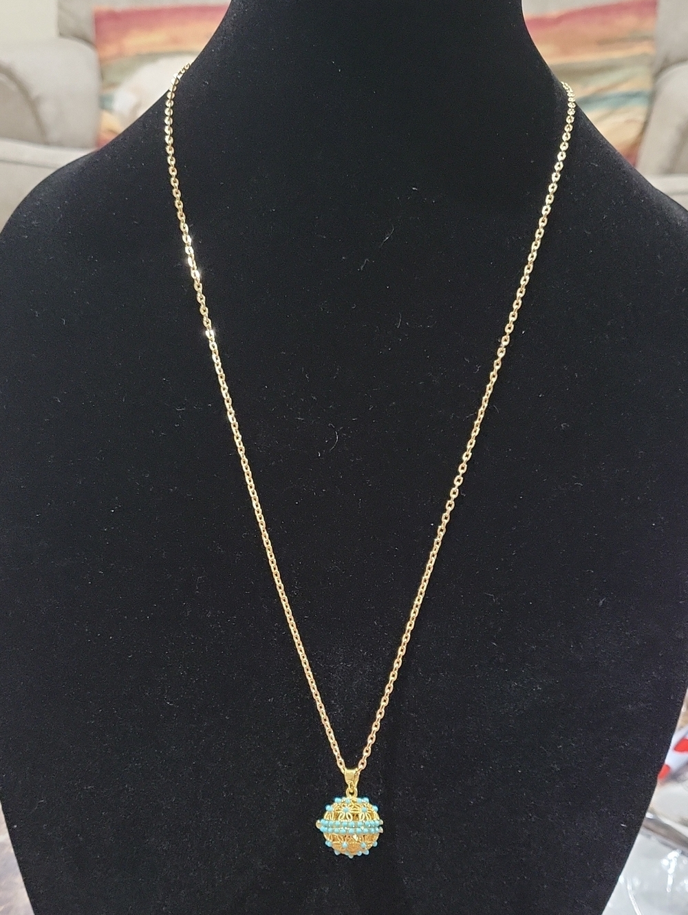 Gold Tone Pendant Necklace with Turquoise Bead Accents - Women Jewelry
